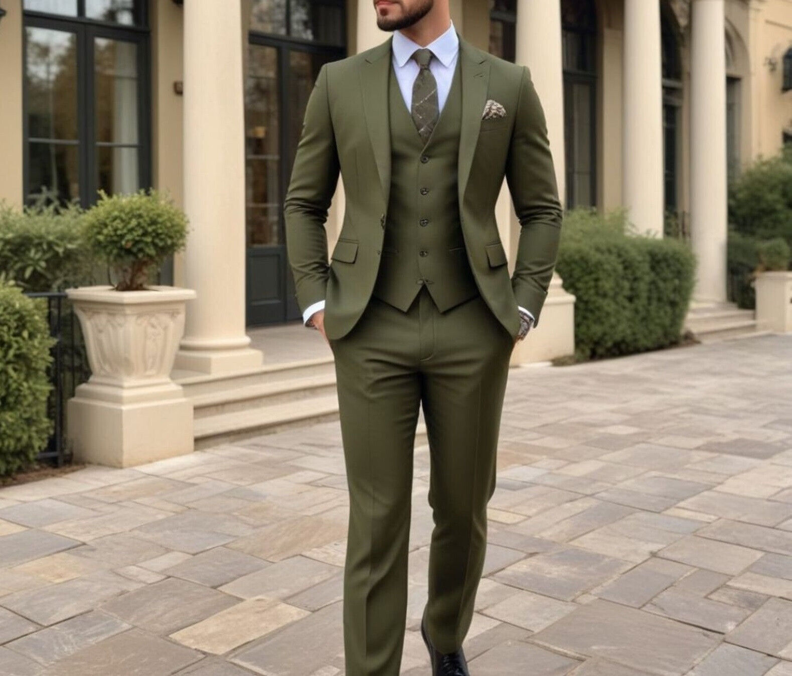 Men Olive Green 3 Piece Suit S - Men Grooming Outfit ulasan dan harga